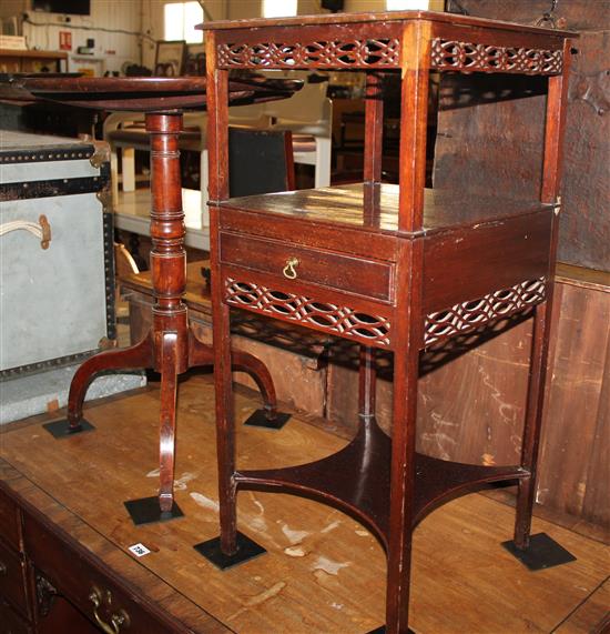 Circular mahogany tripod table & small 3 tier mahogany table